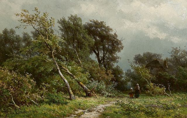 Borselen J.W. van | Gathering faggots after the storm, oil on panel 22.5 x 35.3 cm, signed l.l. and dated 1870