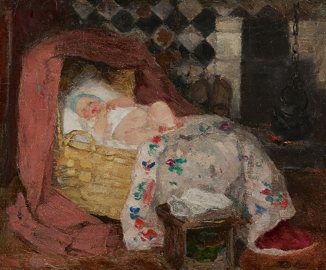 Moes W.W.  | Interior with baby in a crib, oil on canvas 34.7 x 41.3 cm, signed l.r.