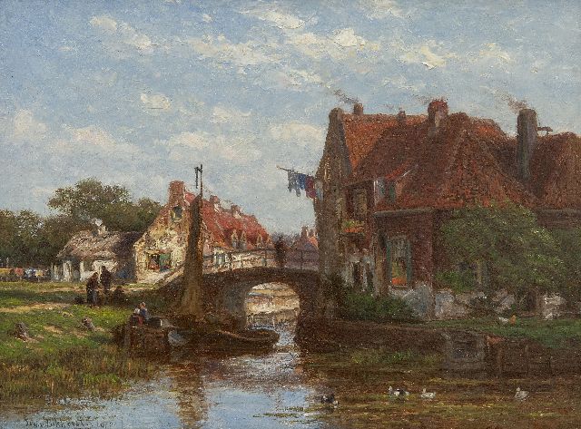 Lokhorst J.N. van | A village stream with moored vessels, oil on panel 17.9 x 23.9 cm, signed l.l. and dated 1870