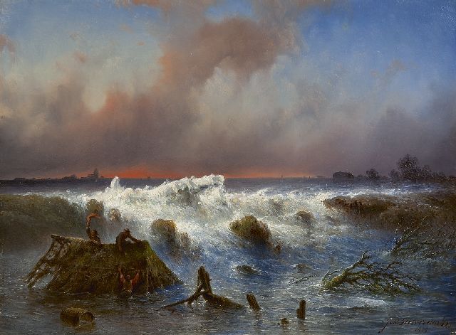 Johannes Hilverdink | The rupture of the 'Grebbedijk' on March 5th 1855, oil on panel, 37.1 x 50.1 cm, signed l.r. and dated 1855