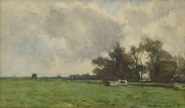Weissenbruch H.J.  | Cows resting in a meadow near a haystack, watercolour and gouache on paper 22.3 x 36.8 cm, signed l.r.