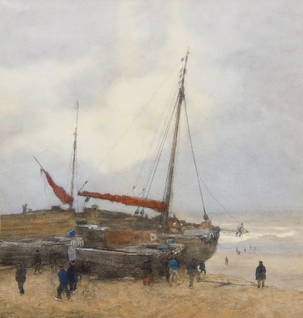 Willem Bastiaan Tholen | Fishing boats on the beach at Scheveningen, watercolour and gouache on paper, 55.0 x 52.0 cm, signed l.l.