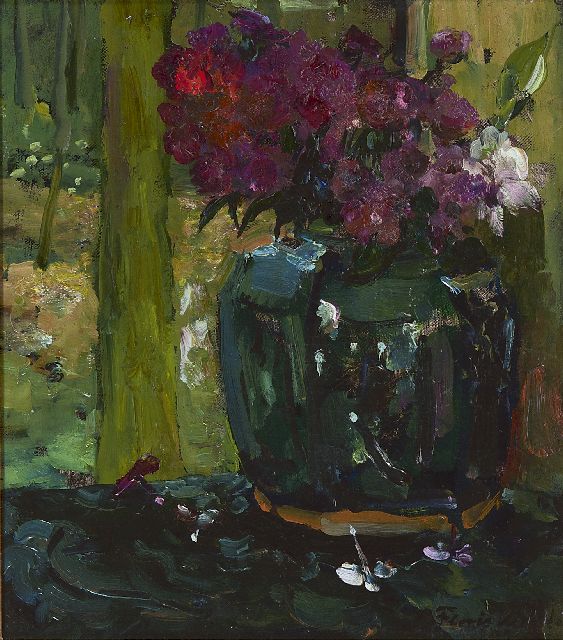 Floris Verster | Gemberpot met klimroosjes en flox, olieverf op doek, 28,6 x 25,7 cm, gesigneerd r.o. en gedateerd '09