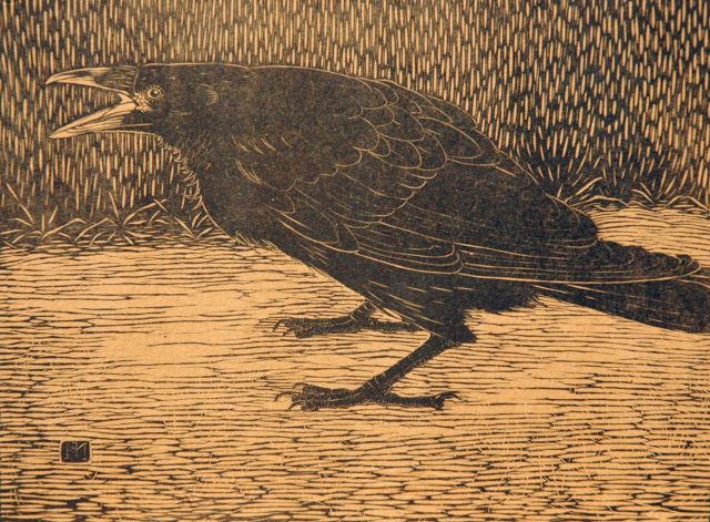 Mankes J.  | Screaming crow, woodcut on Japanese paper on cardboard 18.4 x 24.3 cm, signed with monogram in the block and executed in 1918