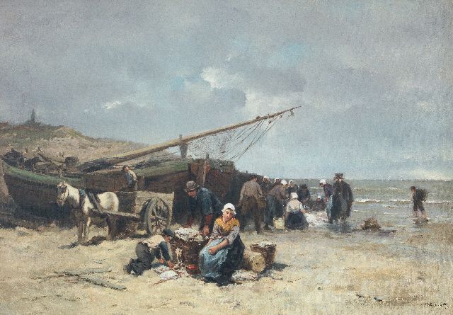 Kate J.M. ten | Selling fish on the beach of Scheveningen, oil on canvas 50.5 x 73.5 cm, signed l.r.