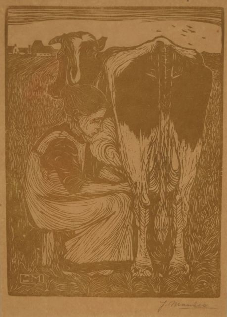 Mankes J.  | Koemelkster, houtsnede op papier 19,1 x 14,2 cm, gesigneerd r.o. voluit (in potlood) en met mon. in het blok