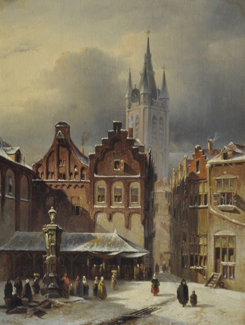 Vertin P.G.  | A town view in winter with the Oude Kerk of Delft, oil on panel 24.8 x 18.9 cm, signed l.l. and dated '47