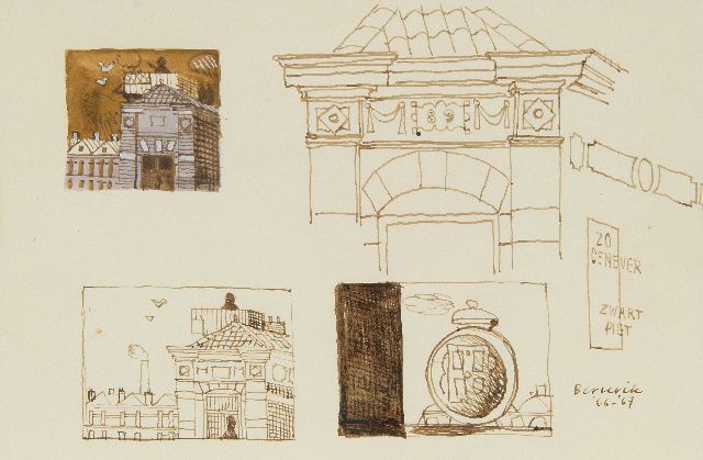 Herman Berserik | Sketches of a town, pen and ink and watercolour on paper, 15.8 x 23.7 cm, signed l.r. and dated '66-'67