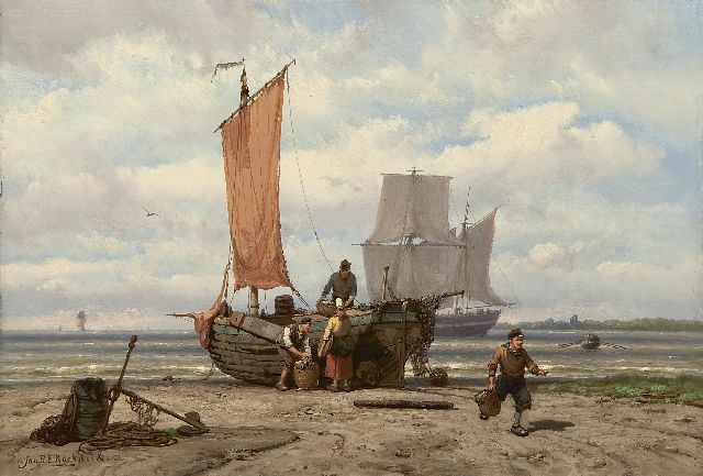 Jan H.B. Koekkoek | Unloading the catch, oil on panel, 23.5 x 34.3 cm, signed l.l.