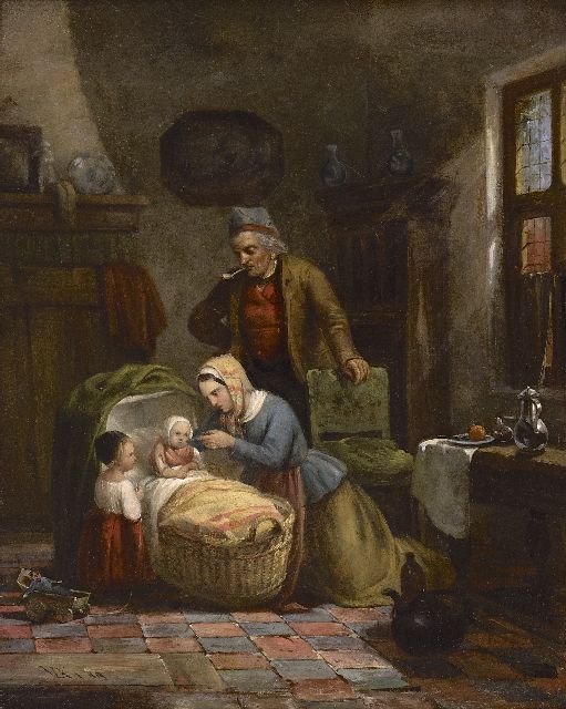 Kellen III D. van der | Interior with fisher family, oil on panel 32.0 x 26.1 cm, signed l.l. with monogram and dated '49