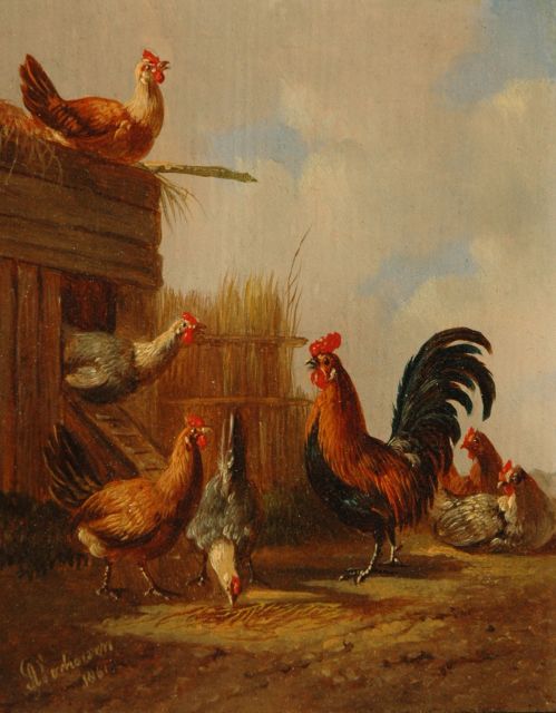 Verhoesen A.  | A rooster with his chickens (pendant), oil on panel 12.8 x 10.5 cm, signed l.l. and dated 1861