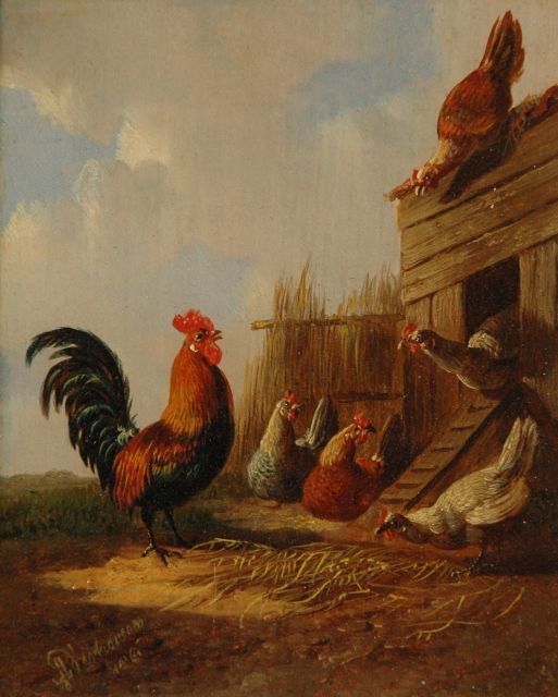 Verhoesen A.  | The rooster with his hens (pair), oil on panel 12.7 x 10.5 cm, signed l.l. and dated 1861