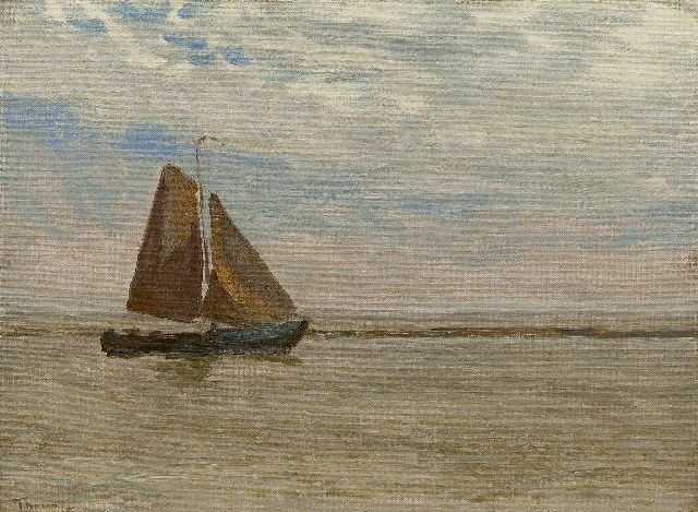 Willem Bastiaan Tholen | Fishing boat at sea,probably 'Krabbersgat', near Enkhuizen, oil on canvas laid down on panel, 25.4 x 34.6 cm, signed l.l.