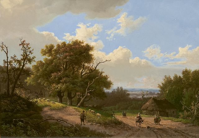 Koekkoek I M.A.  | A wooded landscape with a shepherd and his flock, oil on panel 24.5 x 34.9 cm, signed l.r. and dated 1851