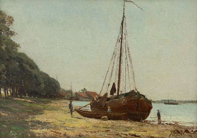 Doeleman J.H.  | A dutch sailing ship at low tide, oil on panel 19.6 x 28.0 cm, signed l.r.
