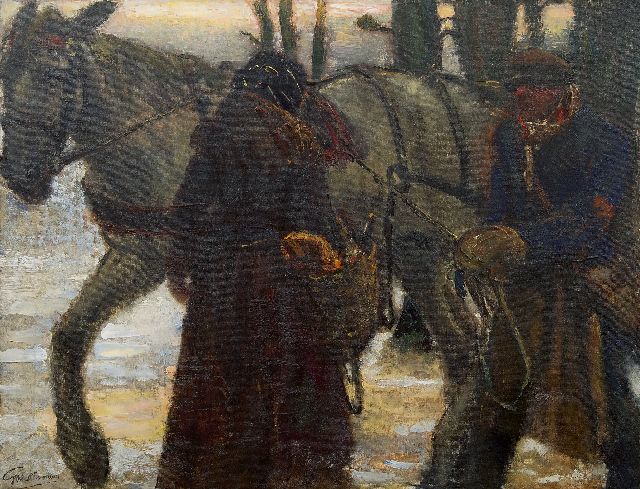 Westermann G.B.J.  | Figures standing beside a draught horse, oil on canvas 77.0 x 100.0 cm, signed l.l.