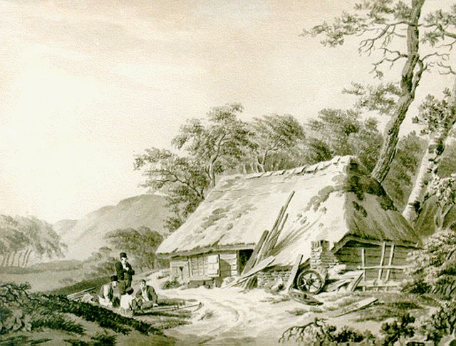 Koekkoek B.C.  | Travellers resting near a farm, sepia on paper 18.0 x 23.5 cm, signed l.r. with monogram
