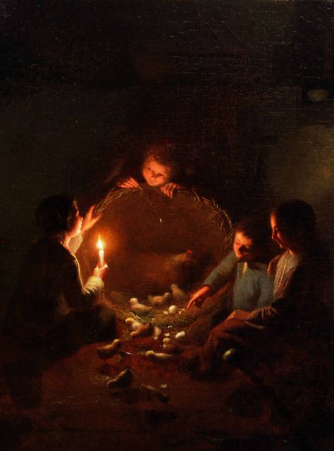 Johannes Rosierse | A stable interior with chickens by candlelight, oil on canvas, 36.0 x 27.3 cm, signed l.r.