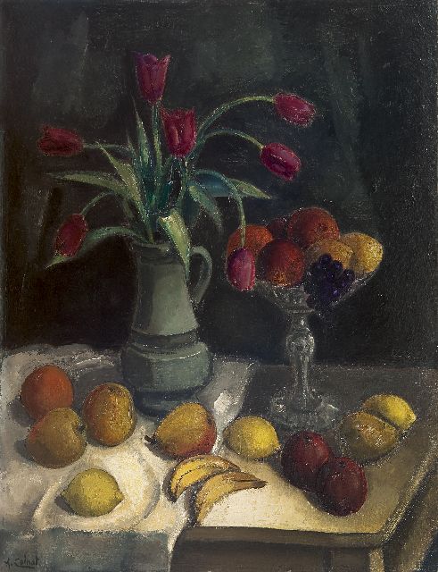 Arnout Colnot | A still life with fruit and tulips on a table, oil on canvas, 92.2 x 70.4 cm, signed l.l.