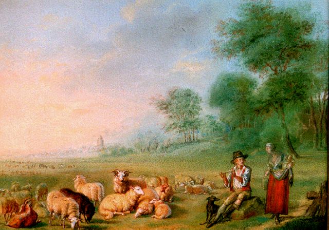 Verboeckhoven E.J.  | A shepherd and flock, pastel on paper 18.8 x 25.0 cm, signed l.r.