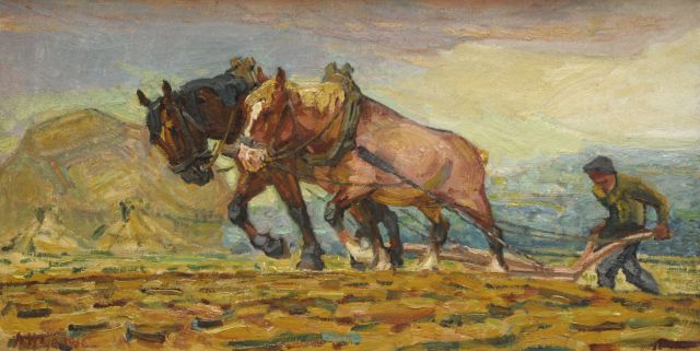 Gouwe A.H.  | Plowing farmer with two horses, oil on canvas 36.8 x 70.3 cm, signed l.l.