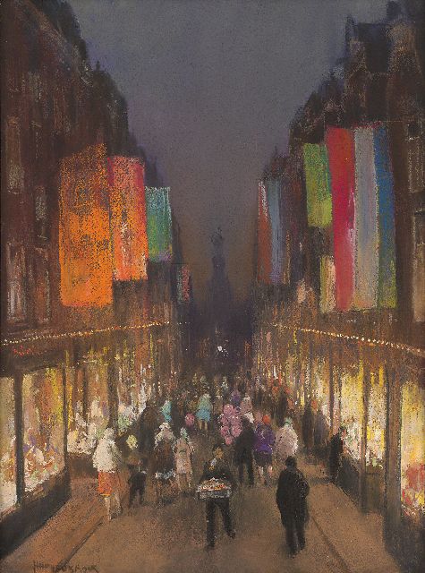 Heijenbrock J.C.H.  | The Kalverstraat with flags, by night, pastel on paper 61.0 x 39.3 cm, signed l.l.
