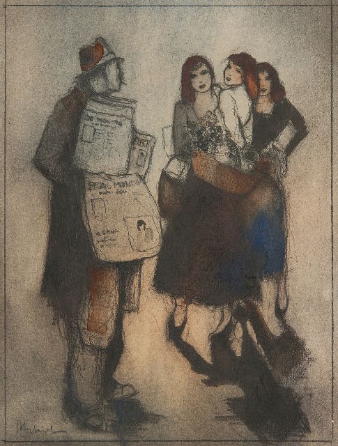 Rijlaarsdam J.  | A newspaper seller and flower girls, Paris, black chalk and watercolour on paper 26.4 x 19.9 cm, signed l.l.