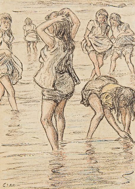 Gerard Johan Staller | Girls paddling in the sea, chalk and Indian ink on paper, 33.8 x 24.0 cm, signed l.l.