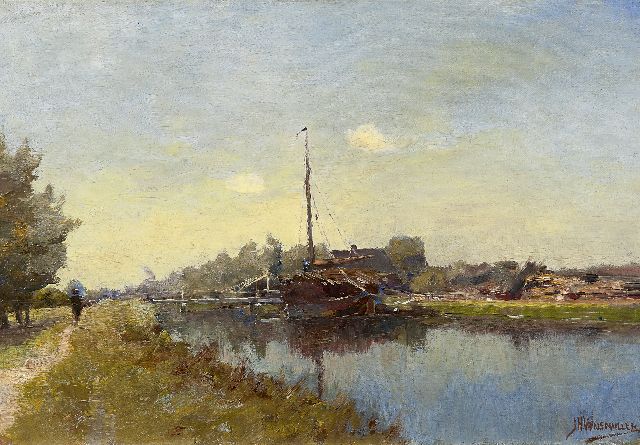 Wijsmuller J.H.  | A ship moored in a canal, oil on canvas laid down on panel 33.8 x 49.0 cm, signed l.r.