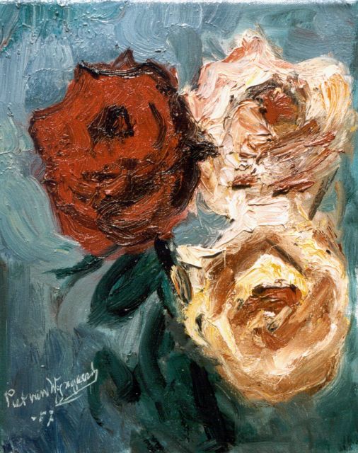 Wijngaerdt P.T. van | Roses, oil on canvas 30.0 x 24.0 cm, signed l.l. and dated '57