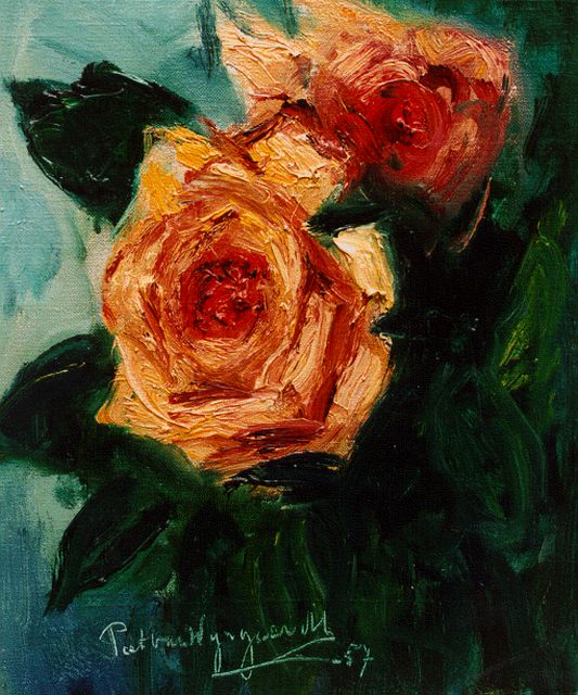 Wijngaerdt P.T. van | Roses, oil on canvas 30.0 x 24.0 cm, signed l.l. and dated '57