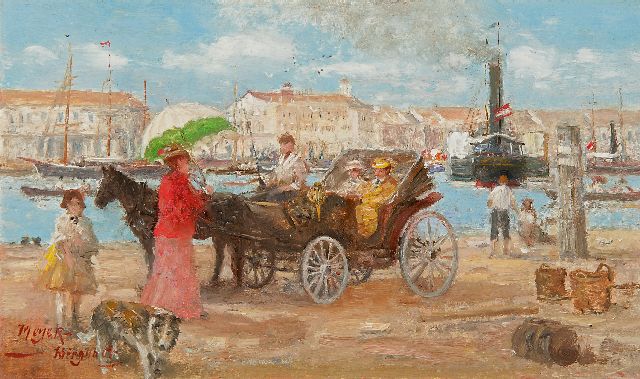 Meyer-Wiegand R.D.  | Carriage in a harbour, oil on board laid down on panel 12.0 x 20.1 cm, signed l.l.