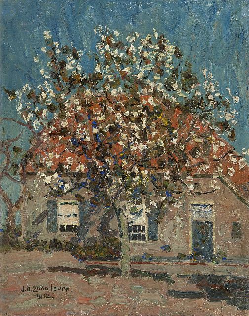 Zandleven J.A.  | Flowering fruit tree in front of a farm, oil on canvas laid down on panel 40.2 x 32.1 cm, signed l.l. and dated 1912