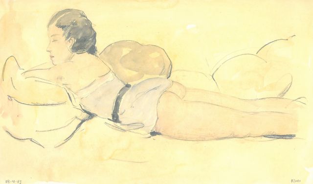 Cornelis Kloos | Reclining woman in a small blue dress, pencil and watercolour on paper, 18.2 x 30.9 cm, signed l.r. and dated 18-4-43