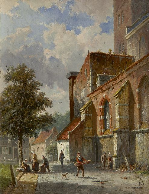 Adrianus Eversen | A village street behind the church, oil on panel, 27.0 x 20.8 cm, signed l.r. with monogram