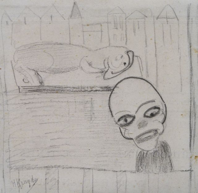 Kruyder H.J.  | A clown and an animal, black chalk on paper 10.0 x 10.2 cm, signed l.l.