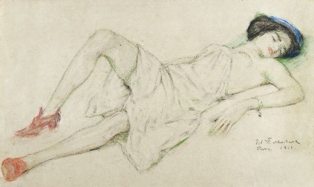 Dollerschell E.  | Reclining woman, pastel on paper 36.6 x 63.6 cm, signed l.r. and dated 'Paris' 1911