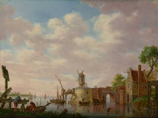 Schweickhardt H.W.  | A Dutch river landscape with fishermen, oil on panel 30.8 x 42.2 cm, signed l.l. on a wooden fence
