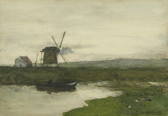Jan Hendrik Weissenbruch | A windmill in a polder landscape, watercolour on paper, 34.5 x 49.6 cm, signed l.r. and painted ca. 1900