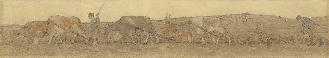 Breman A.J.  | Ploughing farmers, chalk and gouache on paper 36.0 x 208.0 cm, signed l.r. and dated 1908