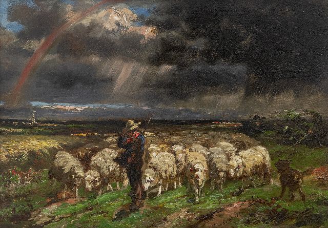 Franse School, 19e eeuw   | A flock of sheep fleeing from the thunder/rainbow, oil on panel 18.7 x 27.0 cm, signed c.r.
