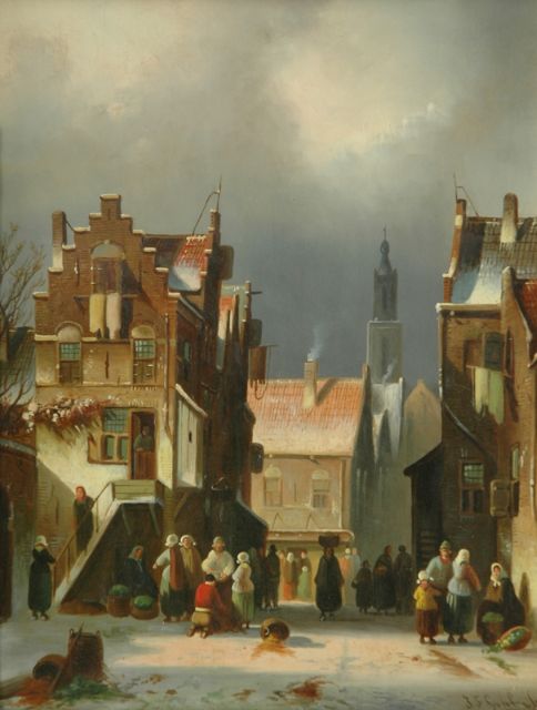 Johannes Franciscus Spohler | Winter city view with figures, oil on panel, 36.0 x 28.1 cm, signed l.r.