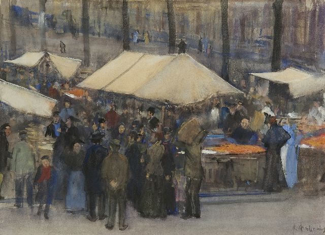 Floris Arntzenius | Market scene, Prinsegracht,  The Hague, watercolour on paper, 32.2 x 43.1 cm, signed l.r.