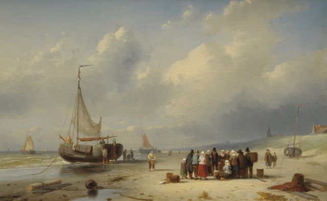 Leickert C.H.J.  | The beach of Scheveningen with barges and fishermen, oil on panel 25.8 x 39.4 cm, signed l.r. and dated '61