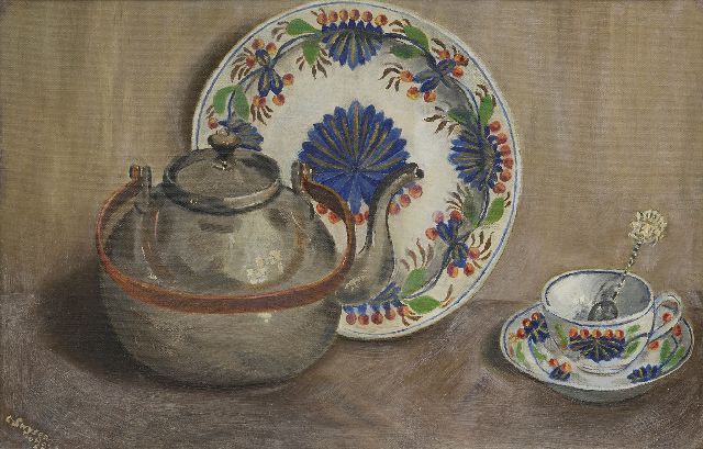 Swijser-'t Hart C.C.M.  | A still life with a kettle, oil on canvas laid down on panel 32.5 x 49.1 cm, signed l.l. and dated 1952