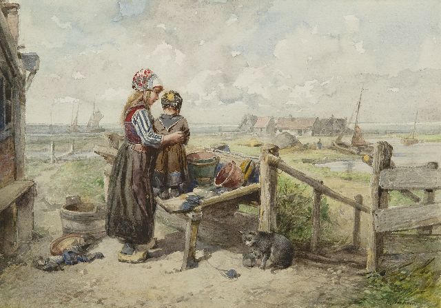 Kate J.M.H. ten | Sister en brother near their cottage, Marken, watercolour on paper 25.0 x 35.5 cm, signed l.r.