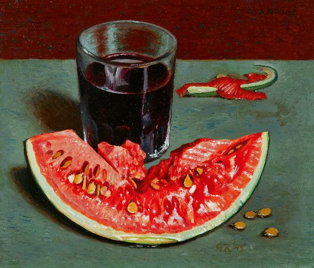 Gé Röling | A still life with watermelon, oil on board, 22.7 x 26.4 cm, signed l.r. with initials and dated '45