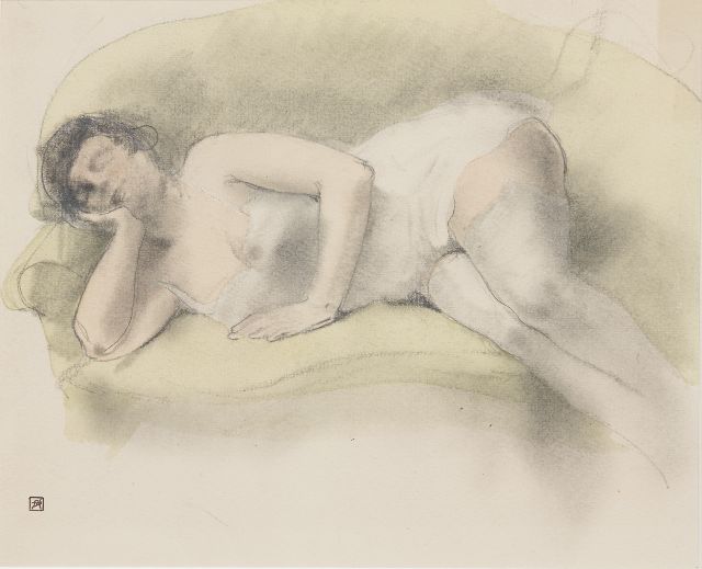 Rassenfosse A.L.  | Nude on a sofa, chalk and watercolour on paper 19.0 x 24.0 cm, signed l.l. with artist's stamp