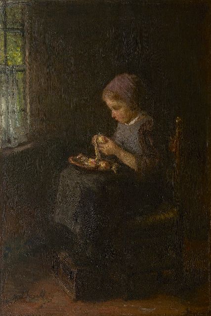 Israëls J.  | Peeling potatoes, oil on canvas 61.3 x 41.5 cm, signed l.l.