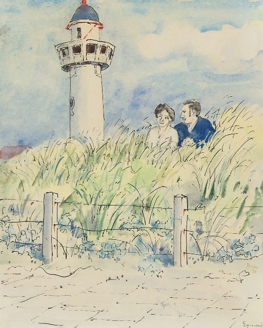 Kamerlingh Onnes H.H.  | A young couple in the dunes, Egmond aan Zee, pen, ink and watercolour on paper 25.7 x 21.0 cm, signed l.r. and dated '74